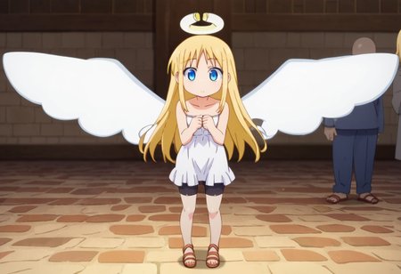 crimvael \(interspecies reviewers\),, blue eyes,blonde hair,long hair,angel,halo,wings,white dress,strapless,bare shoulders,bike shorts,sandals , thighhighs, indoors , standing ,  score_9, score_8_up, score_7_up, ,source_anime, best quality, masterpiece,   , full body view ,   garter straps, collarbone ,  1girl , solo , girl focus ,