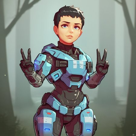 score_9_up, score_8_up, BREAK, kat-b320, 1girl, solo, black hair, very short hair, blue eyes, armor, cowboy shot, looking at viewer, <lora:Kat-b320_HaloReach_PXL_Leaf2:1>, forest, double v, spartan \(halo\),