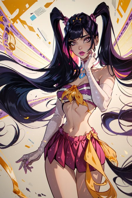 (Musa:1.5), (large fairy wings), purple hair, twintails, (pink and yellow two piece outfit), purple eyes, bangs, (purple and yellow background, music notes floating), (realistic:1.2), (masterpiece:1.2), (full-body-shot:1),(Cowboy-shot:1.2), neon lighting, dark romantic lighting, (highly detailed:1.2),(detailed face:1.2), (gradients), colorful, detailed eyes, (natural lighting:1.2), solo  <lora:WinxClubEnchantixMusa-10:0.9> <lora:add_detail:0.3> <lora:BeautifulEyes:0.6>