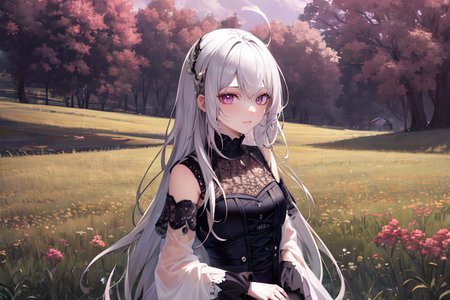 (otherworldly), highly insanely detailed, masterpiece, top quality, best quality, highres, 4k, 8k, RAW photo, (very aesthetic, beautiful and aesthetic), farm, fields, barn, fence, fantfa, <lora:FantasyFarm-10:0.3>, 
1girl, 
(shimmering silver hair,rich gold hair ,gradient hair,split-color hair,dual-toned hair,two-tone hair), 
(pink background),âââ