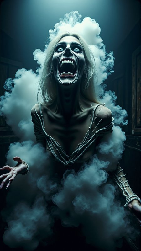 A stunning horror a professional (film grain:1.2) photography, realistic photo of a dark cursed ebony atmospheric Flip <lora:DarkmosphericFlux:0.75>, gas spirit rising up, high resolution photography, ultra resolution, 4k, 8k, 16k, HDR, DOF, studio photography, professionalismphotography,center-focused,eye-level angle,shallow depth of field,Monochromatic color palette,strong backlight,fantastic colors,detailed skin pores,80s music clip background,(selfie:1.1),shot on FujiFilm X-T4 with Fujinon XF 35mm f-2 R WR