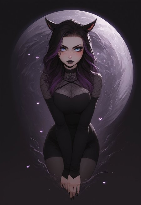 safe_pos, score_9,score_8_up,score_7_up,score_6_up, Goth girl 1girl, Goth girl, miqo'te, FemmeMiq, cat girl, cat ears, animal ears, animal ear fluff, ((woman with long black hair with purple highlights)), bangs, freckles, bold makeup, black lips, long eyelashes, eyeliner, ((large expressive blue eyes)), hourglass figure, medium breast, perky breast, perfect round ass, dark eyeliner, long eyelashes, dark pupils, high contrast shadows, high res image, masterpiece, dynamic shot, <lora:Expressive_H:0.65>, <lora:incase-ilff-v3-4:0.5> <lora:g0th1cPXL:0.45>, <lora:princess_pony_v1:0.1> <lora:Branwen_QBR:0.7>, high gradient eyes, eyesHD, dynamic pose, dynamic, detailed eyes, high definition eyes, amazing quality, wallpaper, looking at viewer, full body, goth clothes, choker, high shoes, fishnet, gothic castle, gothic scenery, tim burton scenery, twilight, 