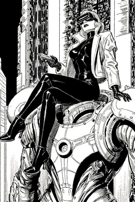 alexray1 drawing
A striking, futuristic scene depicts a woman dressed in sleek, form-fitting leather attire, sitting confidently atop an open power suit, inspired by the cyberpunk aesthetics of Masamune Shirow. The power suit, a blend of advanced technology and military-grade armor, features intricate mechanical details, exposed wiring, and a robust, yet streamlined design. The woman, wearing a cutting-edge VR headset, exudes a sense of control and mastery over the machine beneath her. Her posture is relaxed yet commanding, with one hand resting on the suit's metallic surface and the other casually holding a piece of advanced tech. The background is a high-tech industrial setting, with dim lighting that casts dramatic shadows, highlighting the fusion of human and machine. The overall atmosphere is one of futuristic coolness and cybernetic elegance, capturing the essence of Shirow's iconic style  <lora:alexray1_nocap_d6a3:1.0><lora:815513727429416344:0>