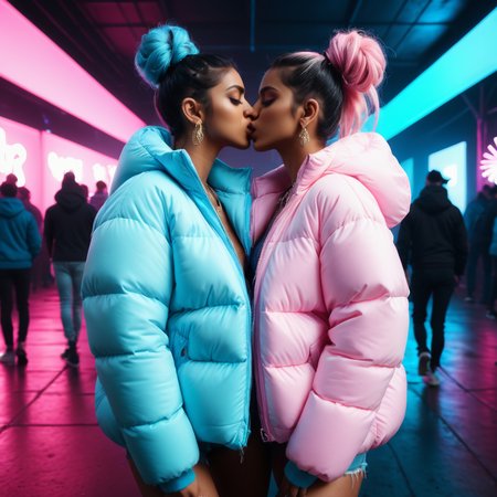 rave, (hands on throat), dark cinematic still with dark vibes  , full body shot of ((kissing)) two indian professional women  wearing an baby blue and baby pink extra_puffy_jacket,  Top knot  unique hair styles,   looking at the camera, shallow depth of field, 8k uhd, dslr, soft lighting, high quality, photorealistic, realism, hyperrealism,
, rundown city scene
<lora:Puffer_Jacket_and_Down_Jacket_-_Extra_Puffy_Jackets:0.5>