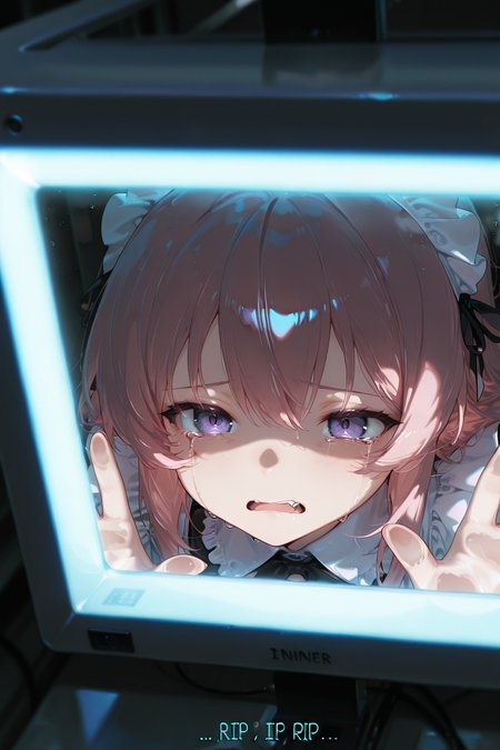 masterpiece, best quality ,very aesthetic, absurdres, <lora:CivChan:1>, scenery, sad, tear,despair,  in monitor,  (((english text, "RIP"))), (looking at viewer),against glass, open mouth, darkroom, only upper teeth, fang,