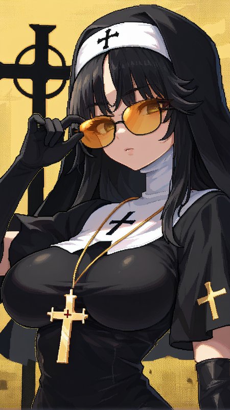 1girl, solo, breasts, looking_at_viewer, short_hair, bangs, large_breasts, black_hair, gloves, yellow_eyes, upper_body, black_gloves, elbow_gloves, sunglasses, cross, adjusting_eyewear, nun, habit, tinted_eyewear, orange-tinted_eyewear