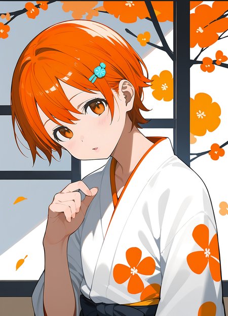 score_9,score_8_up,score_7_up,rating_explicit,
1girl,solo,orange eyes,<lora:pony_xl_inami:1>,inami,hairclip,bow,orange hair,short hair,(print_kimono:1.3),