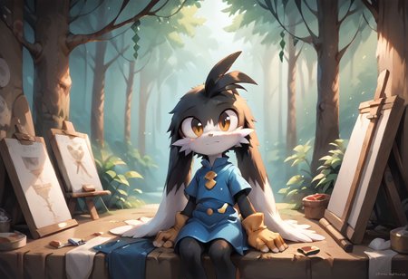 score_9, score_8_up, score_7_up, score_6_up, score_5_up, score_4_up, <lora:Klonoa_Character_PonyXL:0.8> ,  Klonoa, two long ears, fur, anthro, Klonoa, g5, rich colors, forest operations, forest, thicket, communal appearance , presents a painting of rabbits and pony, aroused, front view, detailed background, detailed, 8k quality, side view, beautiful, teasing, easel and brushes, leaned to the floor, freely actions, dress,