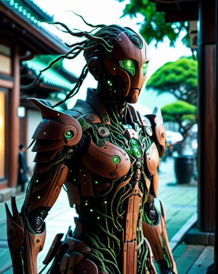 Hyperrealistic art cinematic film still photography in the style of detailed hyperrealism photoshoot, a wandering wooden android warrior that is a combination of wood and micro electronics, walking through the street of an ancient traditional Japanese town, glowing green eyes, (his wooden body plates has electronic green glowing veins:1.3), covered in glowing roots and wires and vines, small green gems, he holds an ancient scimitar at the ready, bold lines, hyper detailed, shallow depth of field, vignette, highly detailed, high budget, bokeh, cinemascope, moody, epic, gorgeous, film grain, grainy, extremely high-resolution details, photographic, realism pushed to extreme, fine texture, incredibly lifelike,<lora:sd_xl_dpo_lora_v1:1.0>,  <lora:NaturePunk_SDXL:1.0>, Naturepunk,   <lora:Bio-Luminescence:1> bioluminescent, glowing