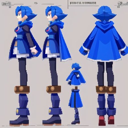 megaman_legends, lowpoly, PS1, PSX, pixelated, model sheet, simples background, chara-sheet, 3D, man, blue hair, mage, cape with hood, mage uniform, gothic style, medieval fantasy