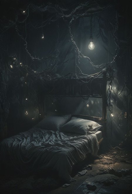 Poetica - All Beauty Sleeps , sad environment, Dark, melancholic, Epic, hyper detailed, ultra realistic, top dramatic lights, dynamic shadows