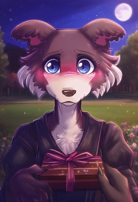 zPDXL, score_9,score_8_up,score_7_up,_up, best quality, amazing quality, masterpiece, 1girl, looking at viewer, upper_body, chocolate box, chocolate box, looking away, night, full moon, sparkles, pov, solo, cute, blush, shy face,  juno, wolf girl, animal ears, animal nose, brown fur, blue eyes, black dress, outdoors, park, flowers, contour_deepening, depth of field, huge filesize, blurry background, good_hands, Expressiveh, dimwitdog