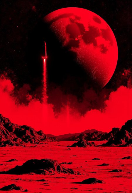 Inkpunk Anime, red and black theme, dramatic illustration of a rocket taking off from a lunar landscape, cratered and pitted, directional shadows from an unseen sun, dramatic sky with stars and nebulas