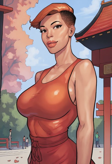 score_9, score_8_up, score_7_up, 1girl, large_breasts, portrait, solo, looking_at_viewer, open_eyes, Posing as if caught mid-sneeze, perspective, (Orange-red dress flower), very short hair, buzz cut, Ginger hair, pagoda, cropped_arms, rating_safe, <lora:pony\artist_styles\riayh_pony:1.0>