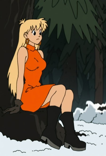score_9, score_8_up, score_7_up, score_6 
woman, tiffany, kangoo,detailed eyes, detailed face, (retro artstyle, 1990s \(style\), flat color, toon \(style\)),1girl, female, dress, solo, female,black eyes, breasts, outdoors, red dress, snow, tree, signature, medium breasts, sleeveless dress, boots, black footwear, sleeveless, orange dress, closed mouth, bare shoulders, full body, body, alternate hair length, long hair, alternate hairstyle, arm support, gloves, sitting,blonde hair