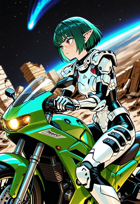 1girl, green hair, pointed ears, bob hair, red eyes, detailed eyes, small breasts, tomboy face, freckles, scars on forearms,
sitting on bike, green motorcycle, ruins, space, provoactive, dutch angle, controls motorcycle, riding, moution lines, blurred background,
cowboy shot,  side view,
<lora:AugmentedReactionSuitIL:1>,   augmentedreactionsuit, science fiction, white armor, white gauntlets, white knee pads, white chestplate, armor, 
masterpiece,best quality,amazing quality,     <lora:yusuke-murataIL-style:0.8>
