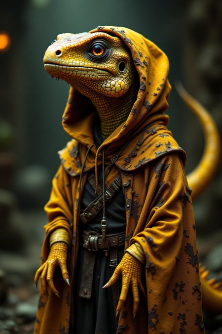 A digital illustration shoot from the side about a yellow Iguana, rust, epic, wearing cultist cloak, full body. shallow depth of field, vignette, highly detailed, high budget, bokeh.

((This is a high-resolution photo with a striking, futuristic look.
A glowing, pixelated pattern is covered in vibrant colors, including red, orange, yellow, green, blue, and white, creating a mesmerizing, almost holographic effect.
The colors are arranged in a complex, abstract design, with some parts of the pattern denser than others.
It is smooth and flawless, highlighted by the contrast of the glowing pixels.
The abstract lines that the pixelated pattern reflects and seamlessly blends into the light show.):0.6)