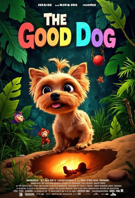 The image shows a vibrant, animated movie poster inspired by the whimsical style of a Pixar film, with a charming Yorkshire Terrier named Allab taking center stage. Allab, with her soft, golden fur and twinkling, expressive eyes, is depicted in a playful stance, ready to strike a pose. Instead of barking, she's wearing a mischievous grin, with her tiny, pink tongue peeking out. Behind her, a lush, verdant jungle unfurls, teeming with life - colorful birds, curious monkeys, and even a friendly, winking frog peeking from behind a giant leaf. The title, "The Good Dog," is written in bold, playful letters, reminiscent of Pixar's iconic typography, arching over Allab like a rainbow, with each letter subtly animated, as if wagging with life. Below, a warm, inviting glow emanates from a cozy, earthen burrow, hinting at the heartwarming adventures and lessons Allab, our unlikely hero, is about to embark on.