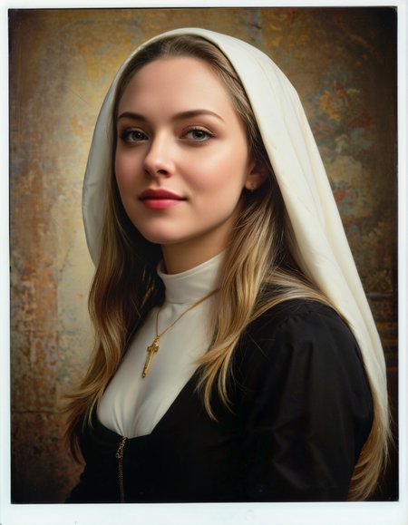 Masterpiece, photorealistic.

An old Polaroid Photo, Photo Borders, framed, very old Polaroid Photo with cracks, Iconographic.

A graceful Nun, Style from the Fifties, faded vintage Color Scheme, in a Catholic Church, traditional Nun's habit, wearing a traditional Nun's Hair veil, subtle smile to the side downwards, Stained Glass, teardrop Breasts, authentic Human Skin Texture, wearing a cross pendant.

Style of Albrecht Dürer, Style of Élisabeth Vigée-Lebrun.