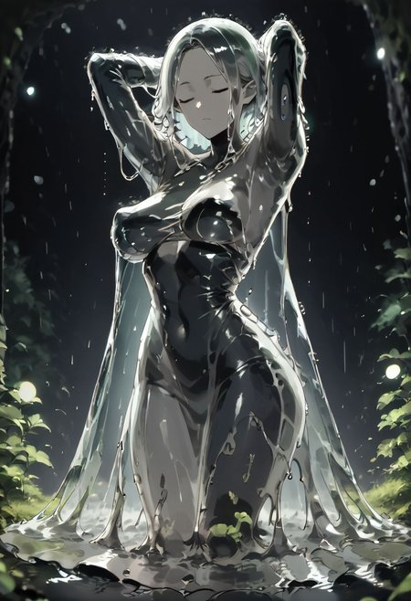 score_9, score_8_up, score_7_up, score_6_up, source_anime, slime girl, swooping breasts, full body, gl4sst3r, glass, dress, see-through, closed eyes, showering, dark cave, waterfall, splashing, wet, dripping, cinematic lighting, zPDXL