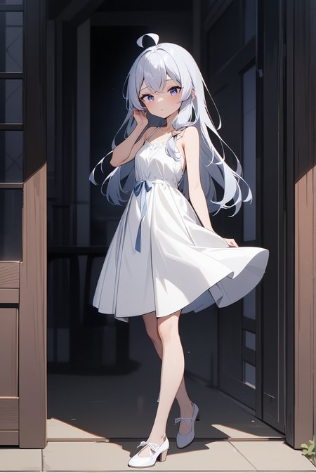 white dress, mm-elaina, ahoge, 1girl, solo, skinny, masterpiece, absurdres, high quality, highres, best quality, (full body:1.20), recent <lora:mm-elaina-V02-000003:0.6>
