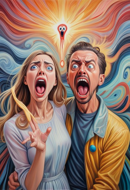 monoprone, a man with a woman screaming, the scream painting, surreal oil painting, surreal painting, epic surrealism 8k oil painting, Colored Pencil Art, vibrant colors, cute characters, whimsical details, sweet expressions