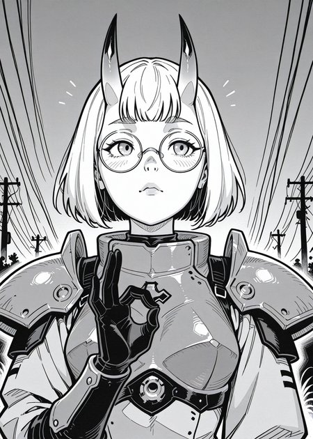 power lines, pauldrons, oni girls, oni horns, round glasses, bust up, ok gesture,