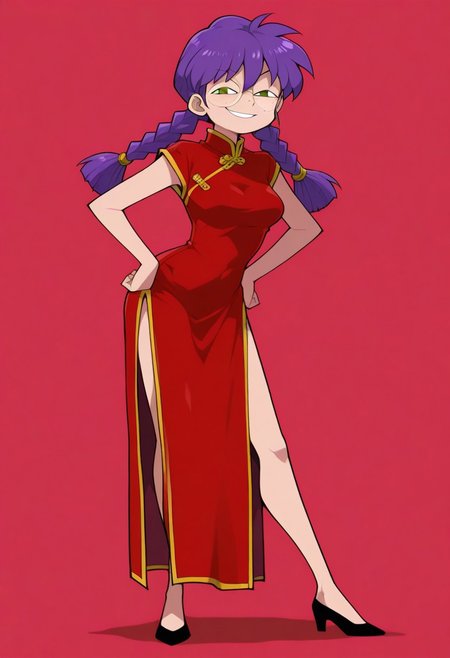 ri_kouran, 1girl, braid, glasses, purple hair, long hair, twin braids, freckles, round eyewear, brown eyes,chinese clothes, china dress, red dress, side slit,black footwear,high heels, <lora:anyas-heh-face-illustriousxl-lora-nochekaiser:1>, anyas heh face, anya's heh face (meme), smile, smug, leaning forward, hands on own hips, closeup
<lora:DarkfireStyle19v2:0.85>