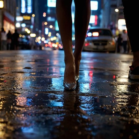 in a city at night, rain, artificial light, puddles