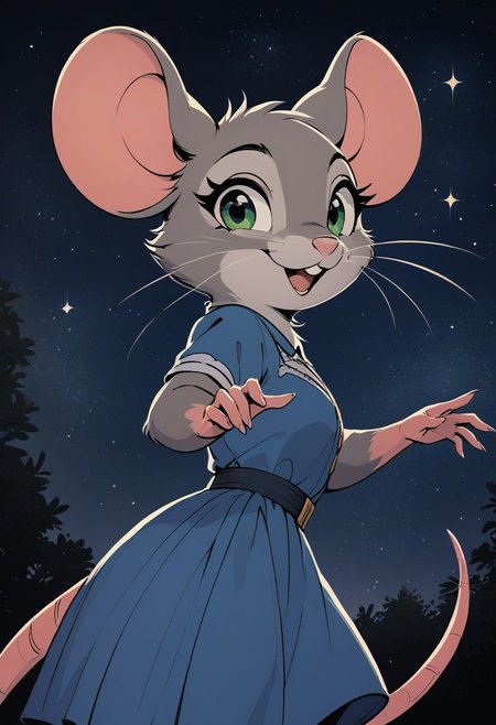 score_9, score_8_up, score_7_up, score_6_up, score_5_up, score_4_up, (solo), (fluffy:0.5), (fluffy cheeks:0.3), (feral), furry, (((mouse))), female, green eyes, grey fur, grey ears, blue dress, (cute:1.4), in the style of beatrix potter, flat color, backlit, (portrait, close up:1.5), (low angle view:1.5), outdoors, happy expression, (side view:2), starry sky, night, beautiful night sky, happy, look at viewer