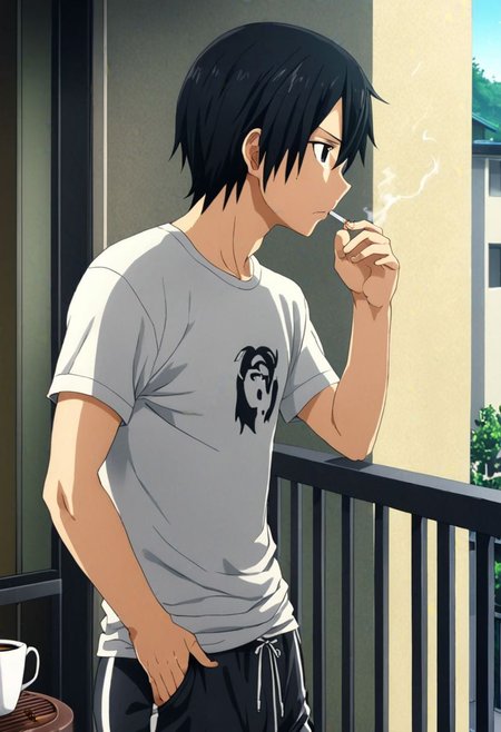 high resolution, solo, best quality, 1Boy, Kazuto Kirigaya, Black Hair, Black Eyes, home balcony, morning, cigarette, coffee, t-shirt, shorts, looking away, OverallDetail