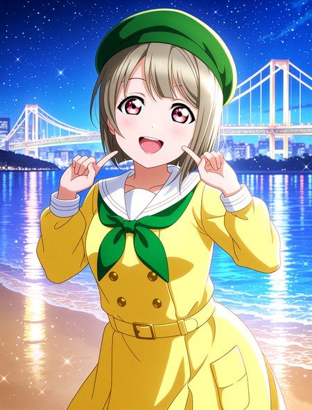 <lora:Koto-Umi-Riko-Shizu-Setsu-LLAS-IllustriousXLV01-V1:1> <lora:sdxl-boldline:-0.5> <lora:sdxl-flat:0.5>
<lora:Rainbowbridge-IllustriousXLV01-V1:1>
llas, masterpiece, very aesthetic, absurdres, best quality, newest, perfect anatomy, perfect lighting, anime coloring BREAK
sparkle, light particles, rim lighting, (depth of field, blurry background:1.2) BREAK
1girl, solo, looking at viewer, cowboy shot BREAK
nakasu kasumi, red eyes, pointing at self BREAK
big pupils, (detailed eyes:1.2), large breasts, lips, :d, upper teeth only BREAK
(mirahamo, mirai harmony:1.2), yellow dress, two-tone dress, long sleeves, white sailor collar, green neckerchief, yellow belt, buttons, green hat, beret BREAK
rainbowbridge, odaibakaihinkoen, beach, sand, reflective water, night, night sky, starry sky
