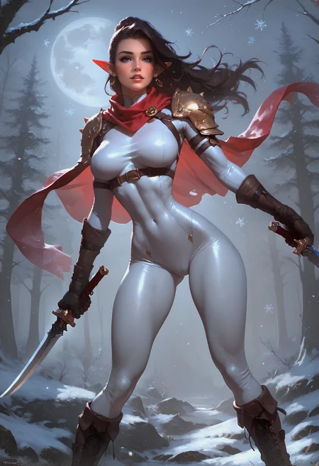 score_9, score_8_up, score_7_up, heavily upvoted, very very very realistic, fully clothed. painting of sexy 8 k, sfw version, 1girl, solo, araffe posing, mid body close up, my pov amazing angle, entire subject visible, ultra realistic elf thief warrior girl, beautiful young woman, hourglass figure, 90 60 90, tight white bodysuit, red scarf, combat boots, carrying two knives, brunette ponytail
