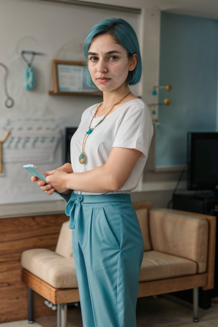<lora:LCM_LoRA_Weights_SD15:1>,<lora:detail_slider_v4:1.2>,(angelic doctor) 27year old adult woman,Thigh Gap:1.3, normal body build, medium blue Hairs, wavy down haircut, (earrings:1.2),(necklace:1.2),(freckles:0.8), thai, albino  skin, wearing a medical uniform top, tailored pants, comfortable medical shoes, holding a clipboard,medical badge, set in doctor office, Waiting Room, Cozy area with rows of chairs along the walls, a water dispenser with disposable cups on a stand, a small people's play area with toys and books, soothing artwork adorning the walls, a television mounted in one corner playing health-related programming ,(full body:1.3),(full shot:1.3),(wide shot:1.3),(full body portrait:1.3),from the side:1.1,Cinematic photography, movie mood, cinematic light, compelling composition, storytelling elements, conveys emotion, mood, and narrative depth, creating visually striking images that feel like still frames from a film,