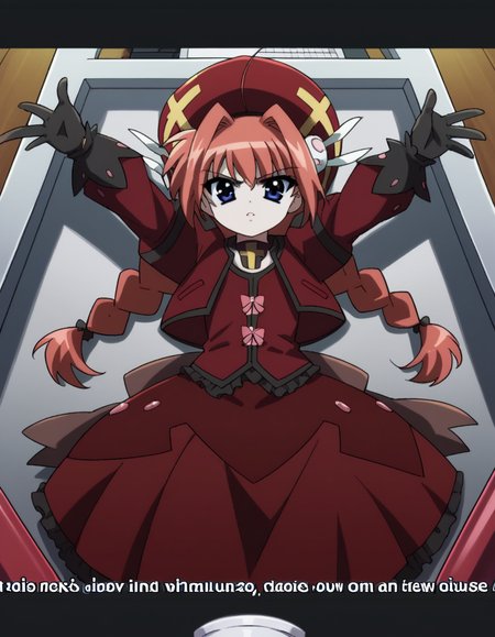 score_9, score_8_up, score_7_up, source_anime, <lora:vita-movie2-ponyxl-lora-nochekaiser:1>, vita, blue eyes, braid, ahoge, red hair, twin braids, rabbit hair ornament,, gloves, hat, dress, weapon, open clothes, open jacket, magical girl, red dress, cropped jacket, hammer,, home office, working from home, computer screen, coffee cup, focus, deadline, , , on back, arm support, arms up, incoming hug, pov, reaching, reaching towards viewer,, solo,, dutch angle,