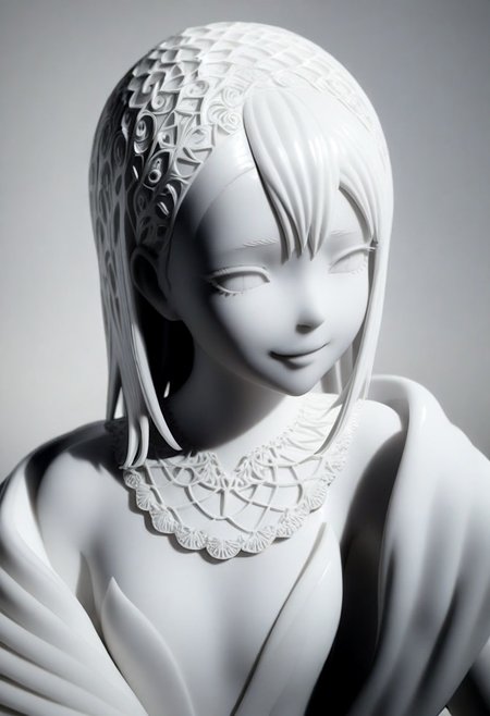 whitemold,3d printed mold,art style,greyscale,monochrome, 1girl, Nagatoro_Hayase, 3d_printed_ceramic_statue, delicate_shading, soft_light_glow, intricate_lace_patterns, realistic_porcelain_effect, gentle_smile, shy_expression, elegant_pose
