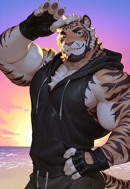 best quality,newest,masterpiece,absurdres,highres,safe,male furry,bara,Muscles,perfect anatomy,huge biceps,handsome,solo,safe,SFW,(masterpiece, best),SmoothNoob_Quality,furry,solo,

 muscular male, 
, close up, reaching,upper body, sunset, (sleeveless hoodie), looking at viewer, close up, beach, Three-quarters view, nice eyes, eyes, muscular, 

,nu119h05t2,

 reaching hands, (5 fingers),  (blush:0.7), inviting, invite, (tail), nice hands, 


, felid, mammal, pantherine, tiger, chest tuft, facial hair, fur,stripes, striped fur, striped body, detailed eyes, nice eyes, (teeth:0.8, nice teeth:0.8), black and white body, black body, white body, black fur, white fur, (fingerless gloves:1.4), beard,closed one eye, hand on hip, blue eyes, (pawpads),
