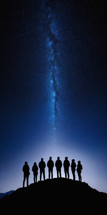 <lora:HMSGåªå½±XL-000001:0.8>,Group of people standing,silhouette,mountain top,starry night sky,mysterious,majestic,surrealism style,high contrast,high definition photography,black and deep blue colors,
