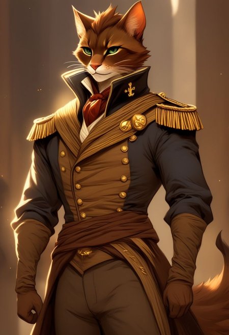 A short haired tabaxi man, sailor captain uniform, Dark brown and tan fur, Commanding, leader, confident, dancer, elegant, fit