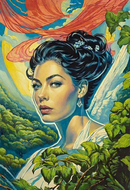 Ophanim hovers over Ava Gardner, forest, 
(James Jean Art Style) surreal<lora:locon_vanessaparadis_v1_from_v1_64_32:1>