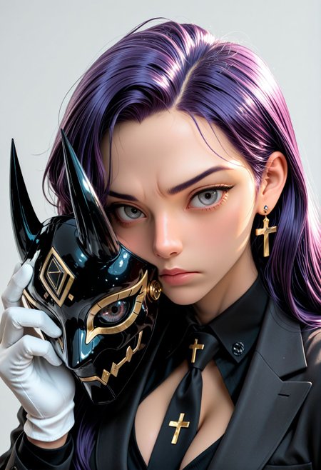 SmoothNoob_Quality, High-contrast, 1girl, serious, human, messy dark purple hair, long hair, fade hair, cleavage,  close up, dynamic angle, holding mask, polished black chrome mask, horned mask, taking off mask, looking at viewer, energy eye, visible face, grey eyes, small cross-shaped earrings, white gloves, tailored suit, black suit jacket, black shirt, necktie,simple background, grey background, particle motes, dramatic lighting, clean lines, <lora:SLE_v2:0.25>​​​ <lora:Smooth_Booster_v3:0.5> <lora:IncaseStyle_NoobAI:0.2> <lora:All_Disney_Princess_-_Illustrious:0.3>