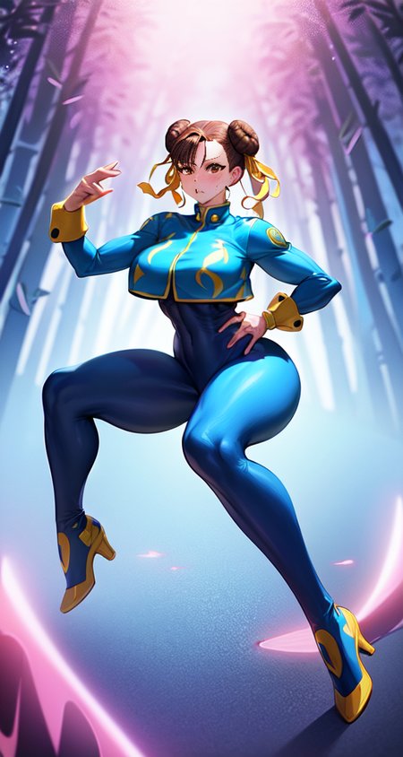 1girl, ,   perfect anatomy, toned, thick thighs, muscular legs, sweating,  4k,  full body, ambient lighting,   chunli_alpha, underboob, thick thighs, detailed legs,  flexible,  abs, muscular,((Bamboo forest))