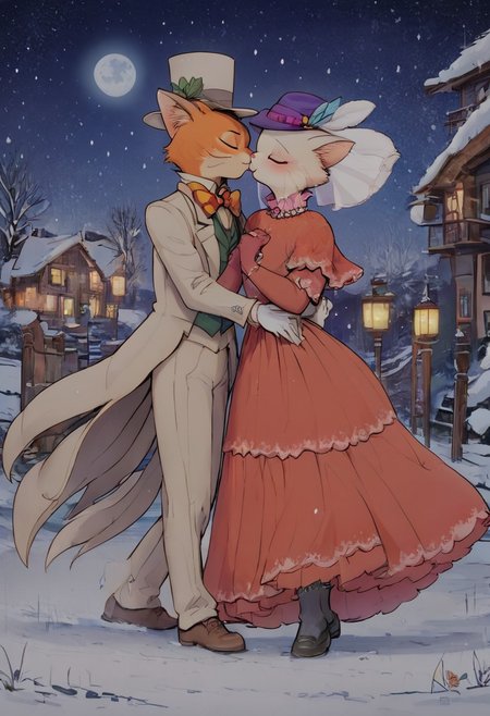 score_9, score_8_up, score_8, cute, in the style of beatrix potter, cel-shading, fca style, baroness louise, white fur, cat, female cat, anthro, baron humbert, ginger fur, cat, male, anthro, suit, tuxedo, blue bow-tie, blow-tie, white gloves, 1girl, furry, hat, 1boy, bowtie, dress, whiskers, hetero, bow, furry female, furry male, formal, gloves, traditional bowtie, top hat, smile, suit, animal ears, elbow gloves, red dress, walking, walking together, small town background, at night, moon, starry sky, snowy, snowing, nice landscape, (((kissing, kiss, hug, closed eyes)))