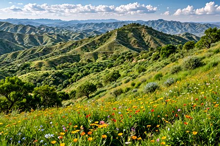 Stable_Yogis_PDXL_Positives,<lora:sdxl_lightning_8step_lora:1>,Capture the rolling hills of northern Mexico, covered in lush greenery and dotted with wildflowers, The undulating landscape creates a sense of movement and vitality,âââ