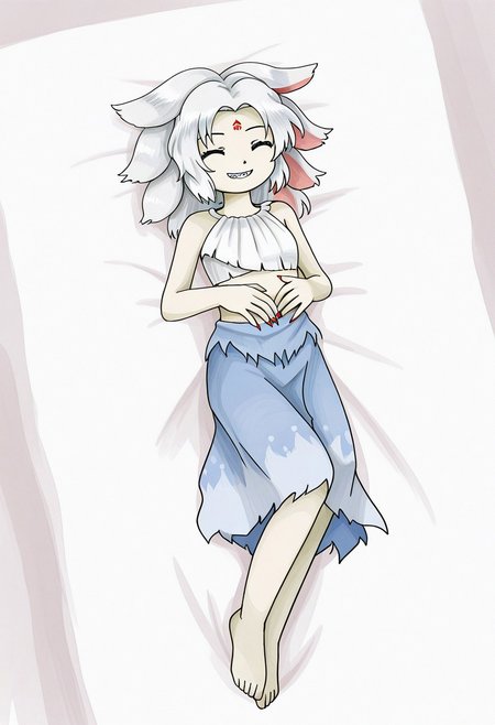 watercolor, aesthetic, colorful, jaggy lines, zun \(style\), BREAK, 1girl, solo, ((Houjuu_Chimi_TH20) white hair, short hair, floppy ears, extra ears, parted bangs, two-tone hair, ears down, grey eyes, forehead mark, white chest wrap, blue loincloth, barefoot), short, small body, petite, laying, laying on bed, hands on stomach, alternate outfit, looking at viewer, grin, sharp teeth, laughing, eyes closed, sharp finger nails, red finger nails,