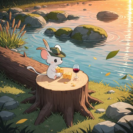 IllusP0s
,ADDCOMM,
rocks,riverbank,cattails, reeds, ripples,flowing water,moss,sunset, reflective water
,ADDROW,
river, big log, flowing water, falling leaves, wind
,ADDCOL,
(little white mouse sitting on a blanket), white fur,animal focus, on a river, fllowing water,  dacutechibi, chibi style focus, stream, green hat feather,solo, alone, holding cheese, wine glass
,ADDCOL,
river, reeds, petals, falling leaves, wind, picnic made of cheese and bread
,ADDROW,
branch,tree stump, rocks
, <lora:DaCutechibiart:1>