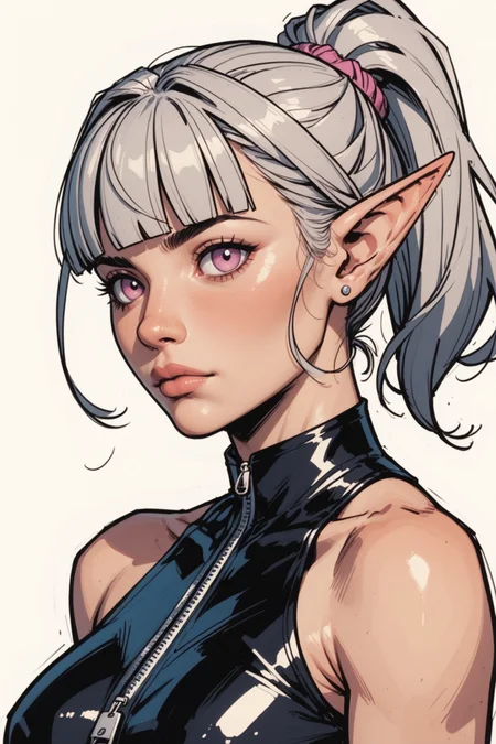 1girl, pointy ears, solo, jewelry, earrings, ponytail, breasts, upper body, bare shoulders, long hair, elf, blunt bangs, pink eyes, looking at viewer, simple background, black background, lips, sleeveless, closed mouth, zipper, medium breasts, sidelocks, latex, grey hair, shiny clothes, white hair, off shoulder, nose, a_Comic_Illustration, rough lines with ink, (drawn:1.1), (sketch:1.5), (crosshatching:1.25), (comic style:1.1), graphic novel style, sharp lines, hires, zstyle, (western comics \(style\):1.1), (hatching \(texture\):1.2), zPDXL, Mr_Monster_Possitive, <lora:Expressive_H:0.5>, score_9, score_8_up, score_8_up,