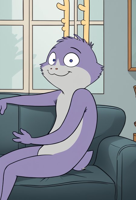 score_9, score_8_up, score_8,    <lora:Taylor_aka_Fatigue_Bedfellows_for_PonyXL:0.8> 1boy, furry male, animal ears, antlers, f4tigu3, jackalope, sitting on couch, living room, window,  smile, solo