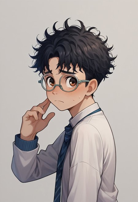 score_9, score_8_up, score_7_up, source_anime, highly detailed, young, 1boy, solo, cute boy, okarun, black hair, curly hair, brown eyes, glasses, school uniform, gakuran, back pants, shy, nervous