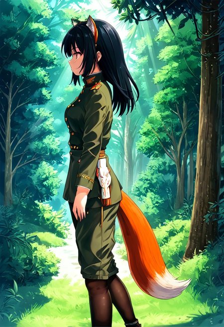 black hair, girl, black military uniform, shorts, pantyhose, outdoors, walking, fox,  wagging tail, trees, sun rays, side view